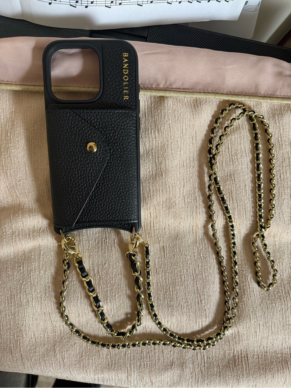 Bandolier Black Leather Crossbody iPhone 16 Pro Case with Gold Chain